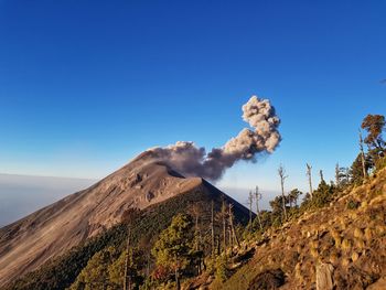 Panoramic view of volcanic landscape against clear blue sky