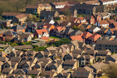 High angle view of buildings in town