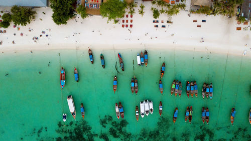 High angle view of boats at harbor