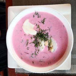 High angle view of soup in bowl