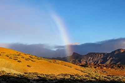 Scenic view of rainbow over landscape against sky