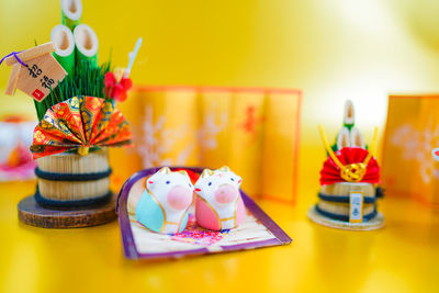 Close-up of christmas decorations on table