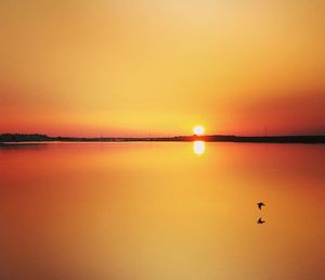 Scenic view of sea against orange sky