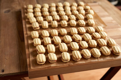 High angle view of cookies on table