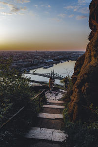 Scenic view of the danube river from gellért hill during sunrise.