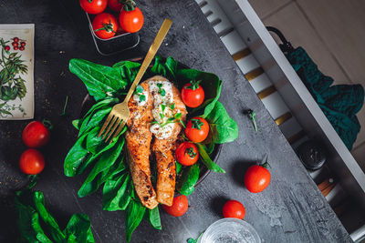 High angle view of food on table