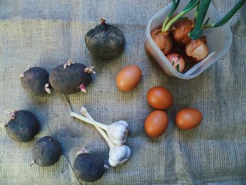 High angle view of fruits in bowl on table