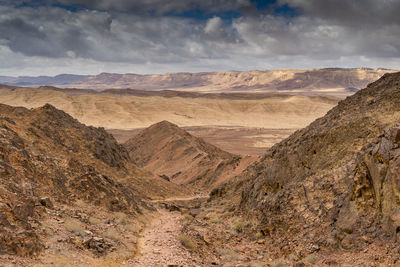 Scenic view of desert against cloudy sky