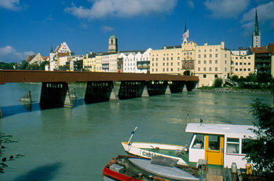 Boats moored in canal