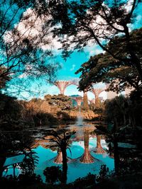 Reflection of trees in lake against sky