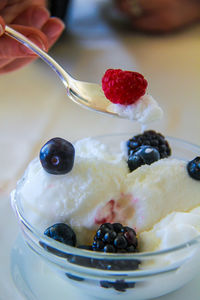 Close-up of ice cream with strawberries