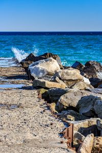 Scenic view of sea against clear blue sky