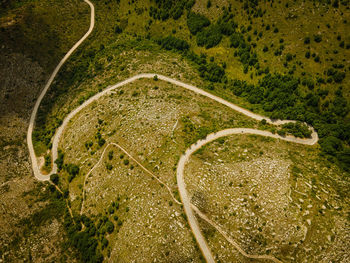 High angle view of road amidst green landscape