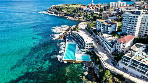 High angle view of beach and buildings in city