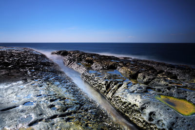 Scenic view of eroded rocky shore