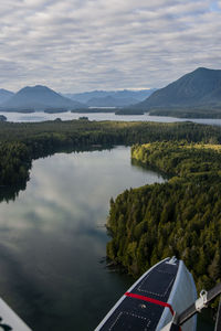 Scenic view of lake by mountains against sky