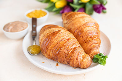 High angle view of breakfast served on table