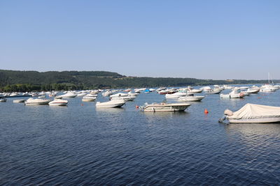 Sailboats moored in harbor against clear blue sky