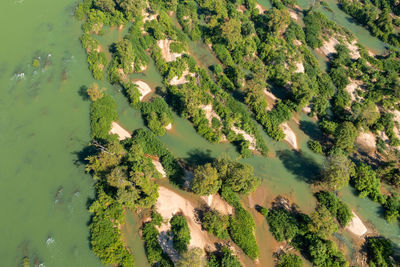 Aerial views of the mekong river with many sand bars and islands, cambodia