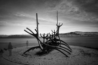 Driftwood on sand at beach against sky