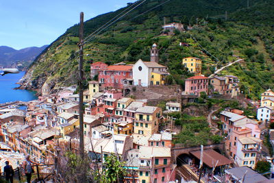 High angle view of townscape by mountain