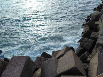 High angle view of rocks on beach