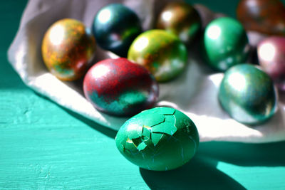 Close-up of broken easter egg on table