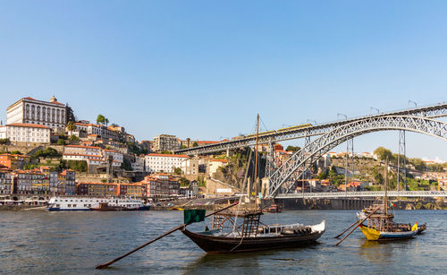 Bridge over river in city against clear sky