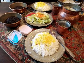 High angle view of meal served on table