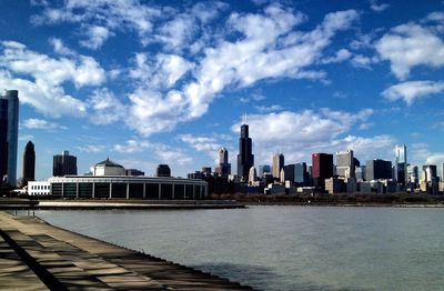 City skyline against blue sky
