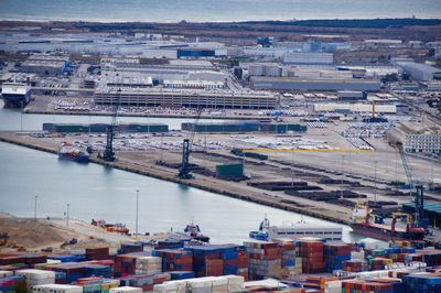 High angle view of commercial dock, barcelona 