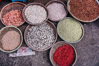 High angle view of spices for sale in market