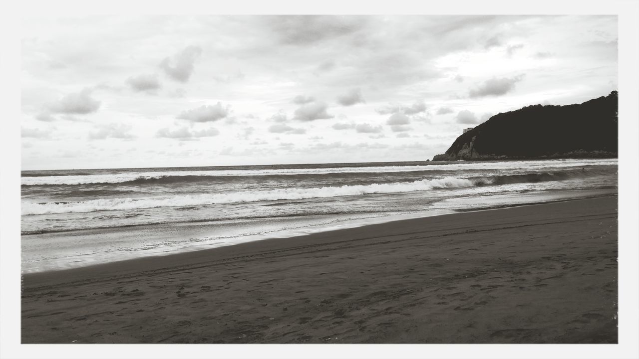 sea, beach, horizon over water, water, shore, sky, sand, scenics, tranquil scene, beauty in nature, tranquility, wave, nature, coastline, cloud - sky, surf, idyllic, cloudy, remote, transfer print