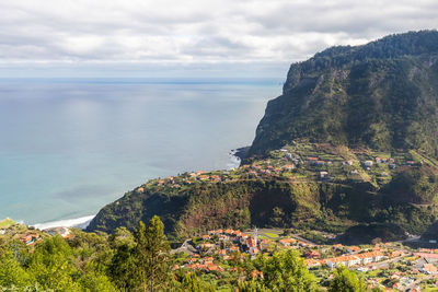 View over porto da cruz on the heights towards the sea on madeira island on a winter day