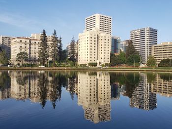 Reflection of buildings in lake against sky