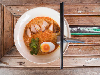 High angle view of breakfast served on table