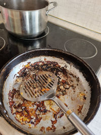 High angle view of meat in cooking pan