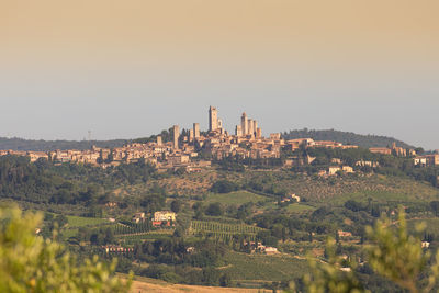 High angle view of townscape against sky during sunset