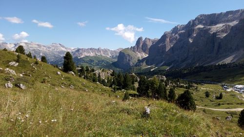 Scenic view of field and mountains against sky