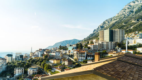 High angle view of buildings against sky