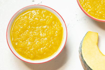 High angle view of soup in bowl on table