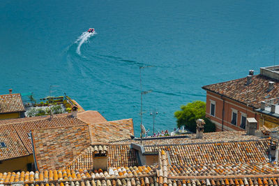 High angle view of buildings in sea