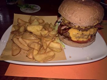 Close-up of food served on table