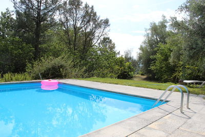 Swimming pool by trees against sky