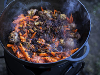 High angle view of meat in cooking pan