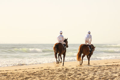 People riding horses on beach against clear sky