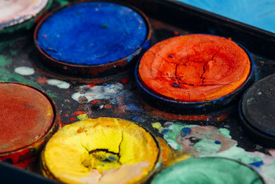 Close--up of colorful watercolor paints