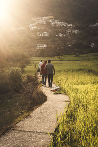 Rear view of men walking on footpath