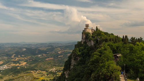 Aerial view of landscape against cloudy sky