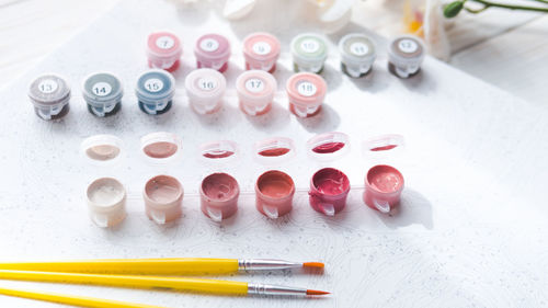 High angle view of pills on table